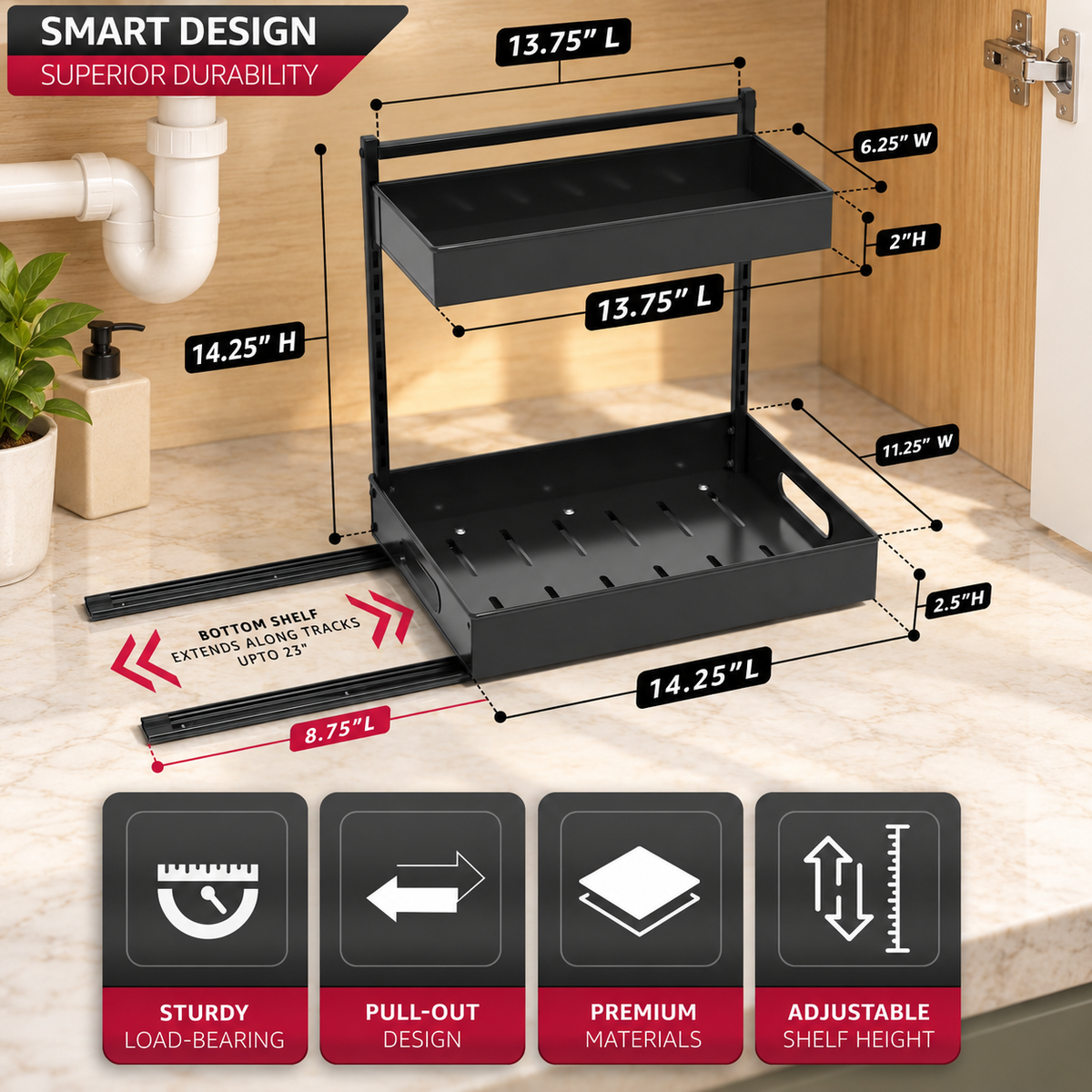 2-Tier Sliding Under Sink Organizer -2 Pcs