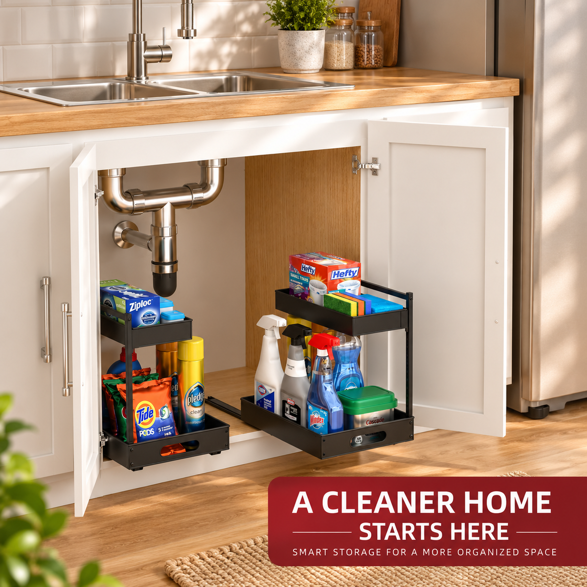 2-Tier Sliding Under Sink Organizer -2 Pcs